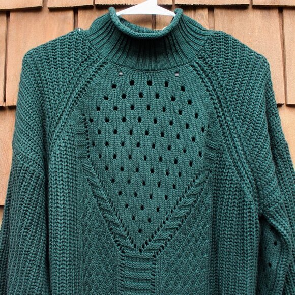 New W/ Tags One A Forest Green Mock Turtle Neck Sweater Knit Wide Sleeves Large - Picture 4 of 6